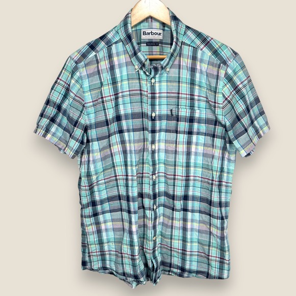 Barbour Tailored Fit Short Sleeve Button Shirt Men Medium Blue Navy Plaid Pocket - Picture 1 of 12